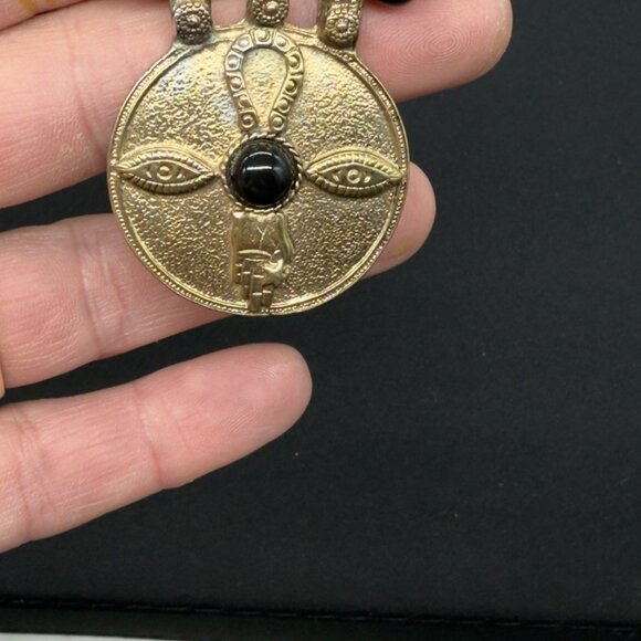 Vintage Egyptian Revival Gold Tone Chain Statement Brooch Pin Black Cabochons - Picture 10 of 14